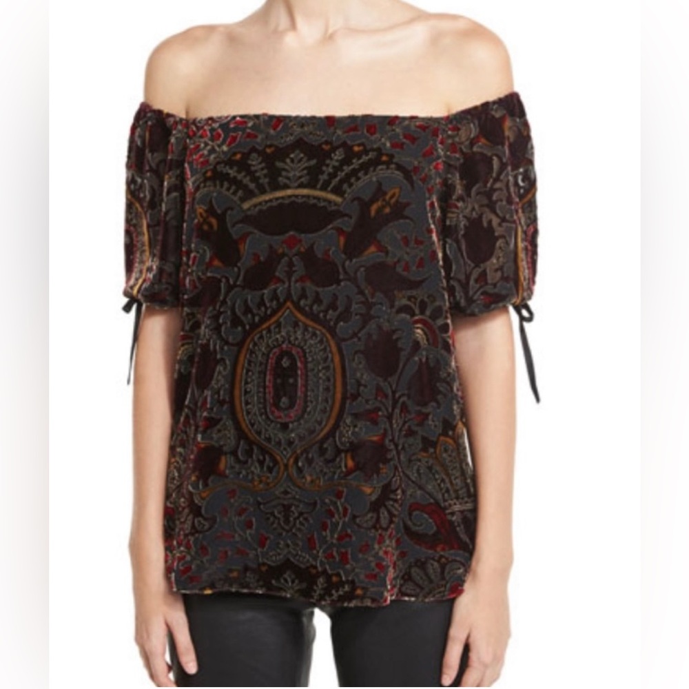 alice + olivia alicia off the shoulder barouqe burnout velvet top S